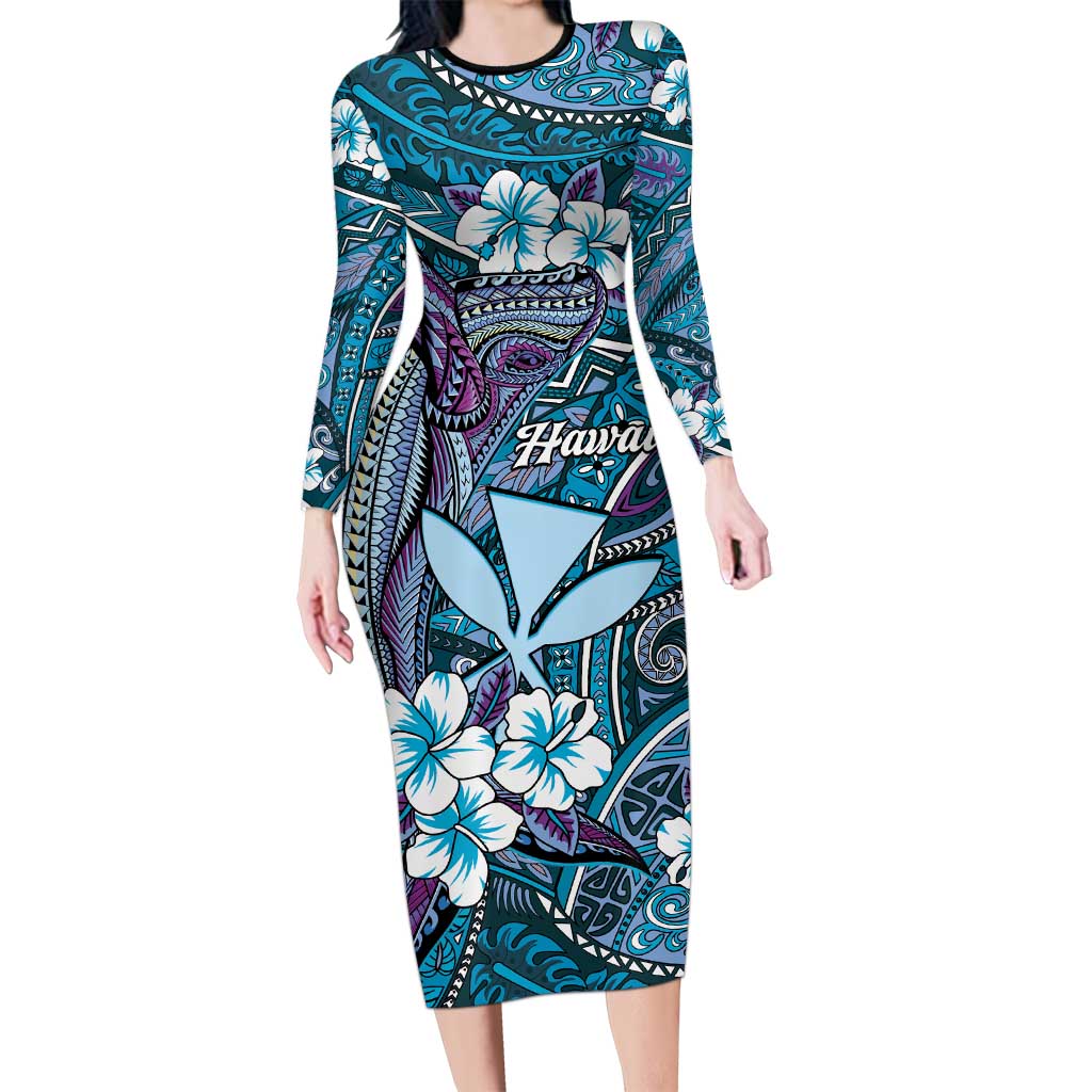 Personalised Hawaii Tribal Humpback Whale Long Sleeve Bodycon Dress Polu Hibiscus Seamless Pattern LT9 Long Dress Blue - Polynesian Pride