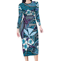 Personalised Hawaii Tribal Humpback Whale Long Sleeve Bodycon Dress Polu Hibiscus Seamless Pattern LT9 Long Dress Blue - Polynesian Pride