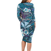 Personalised Hawaii Tribal Humpback Whale Long Sleeve Bodycon Dress Polu Hibiscus Seamless Pattern LT9 - Polynesian Pride