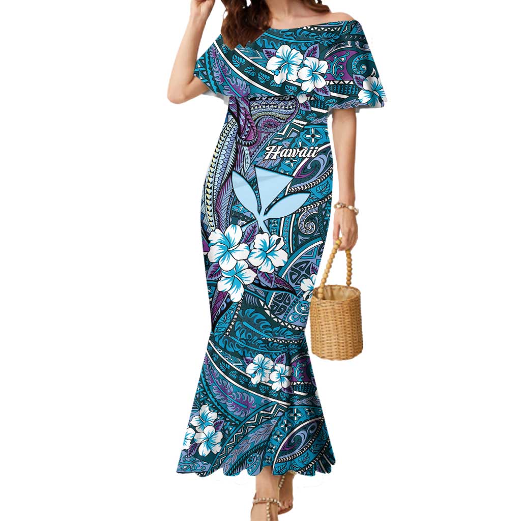 Personalised Hawaii Tribal Humpback Whale Mermaid Dress Polu Hibiscus Seamless Pattern