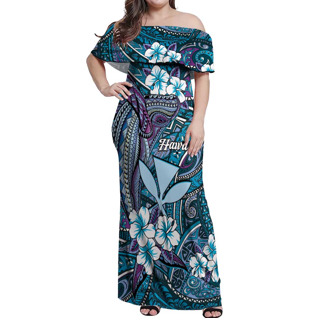 Personalised Hawaii Tribal Humpback Whale Off Shoulder Maxi Dress Polu Hibiscus Seamless Pattern LT9 Women Blue - Polynesian Pride