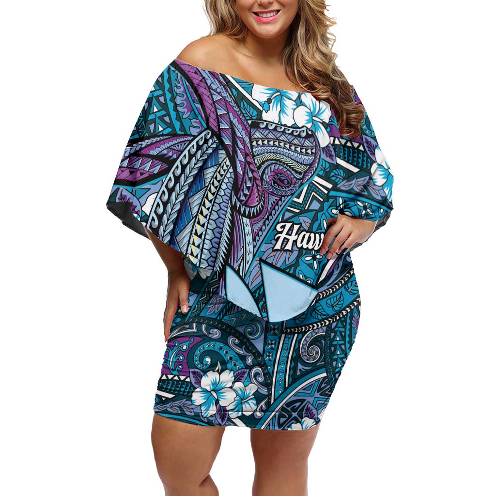 Personalised Hawaii Tribal Humpback Whale Off Shoulder Short Dress Polu Hibiscus Seamless Pattern LT9 Women Blue - Polynesian Pride