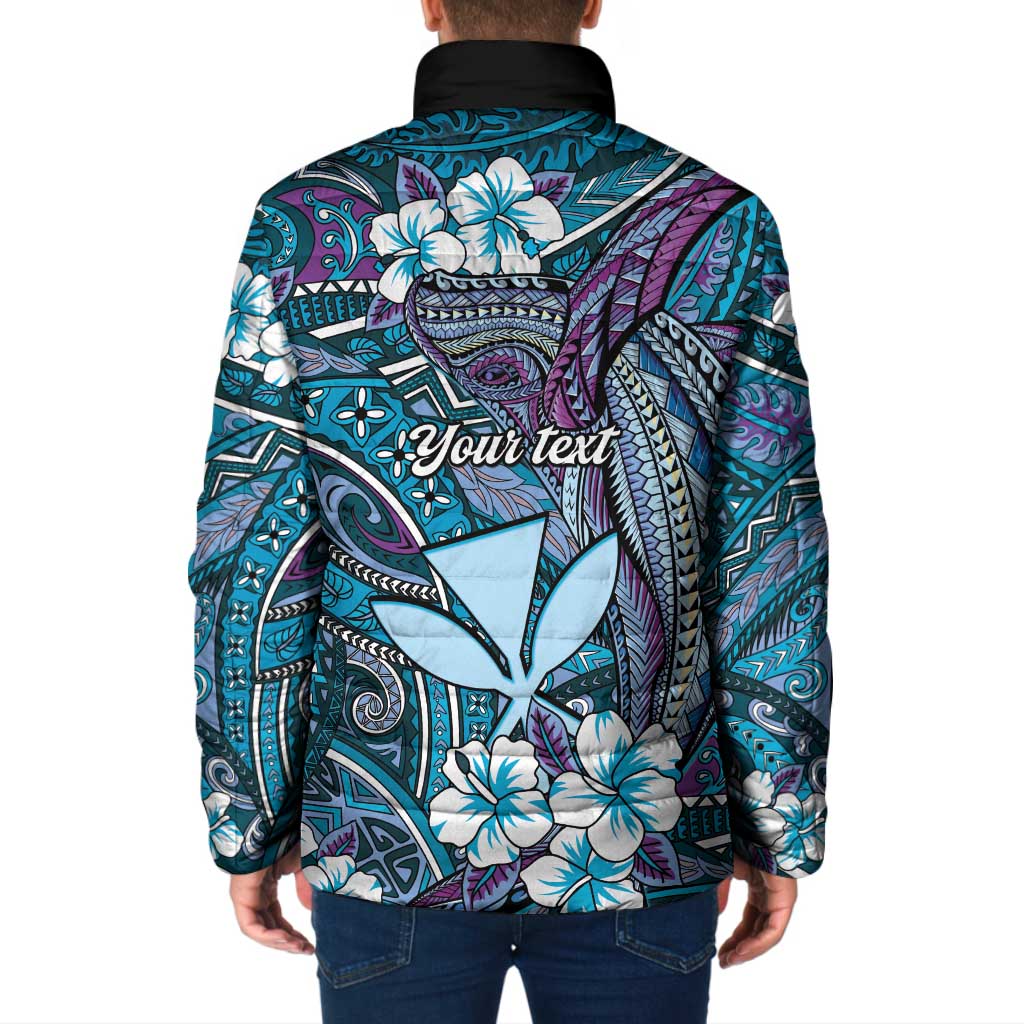 Personalised Hawaii Tribal Humpback Whale Padded Jacket Polu Hibiscus Seamless Pattern