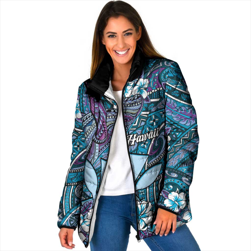 Personalised Hawaii Tribal Humpback Whale Padded Jacket Polu Hibiscus Seamless Pattern