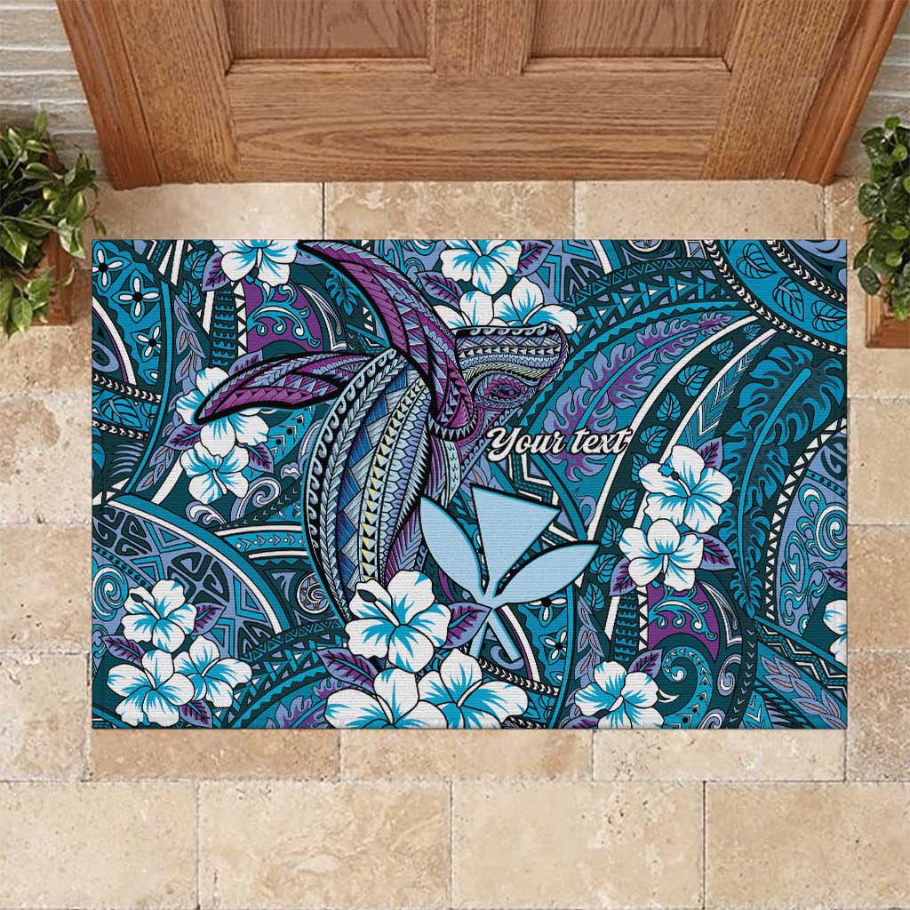 Personalised Hawaii Tribal Humpback Whale Rubber Doormat Polu Hibiscus Seamless Pattern LT9 Blue - Polynesian Pride