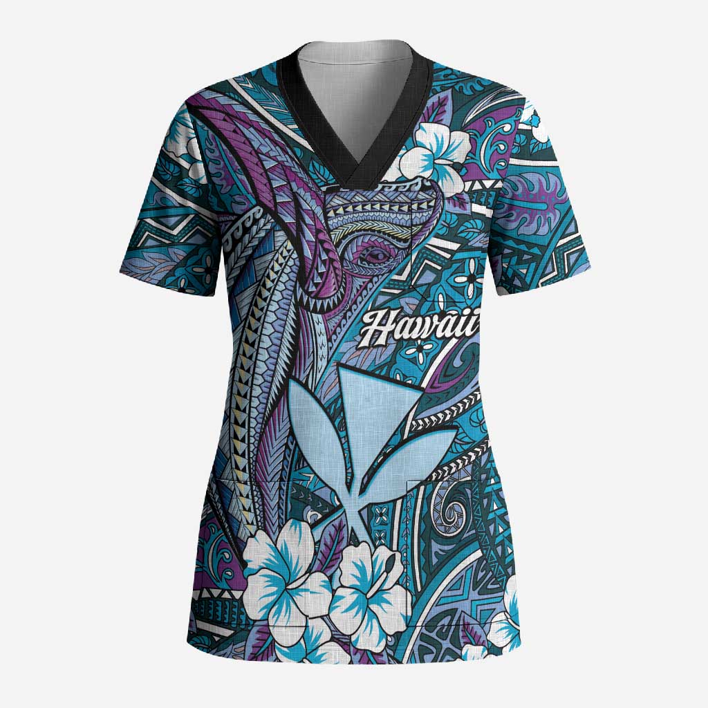 Personalised Hawaii Tribal Humpback Whale Scrub Top Polu Hibiscus Seamless Pattern