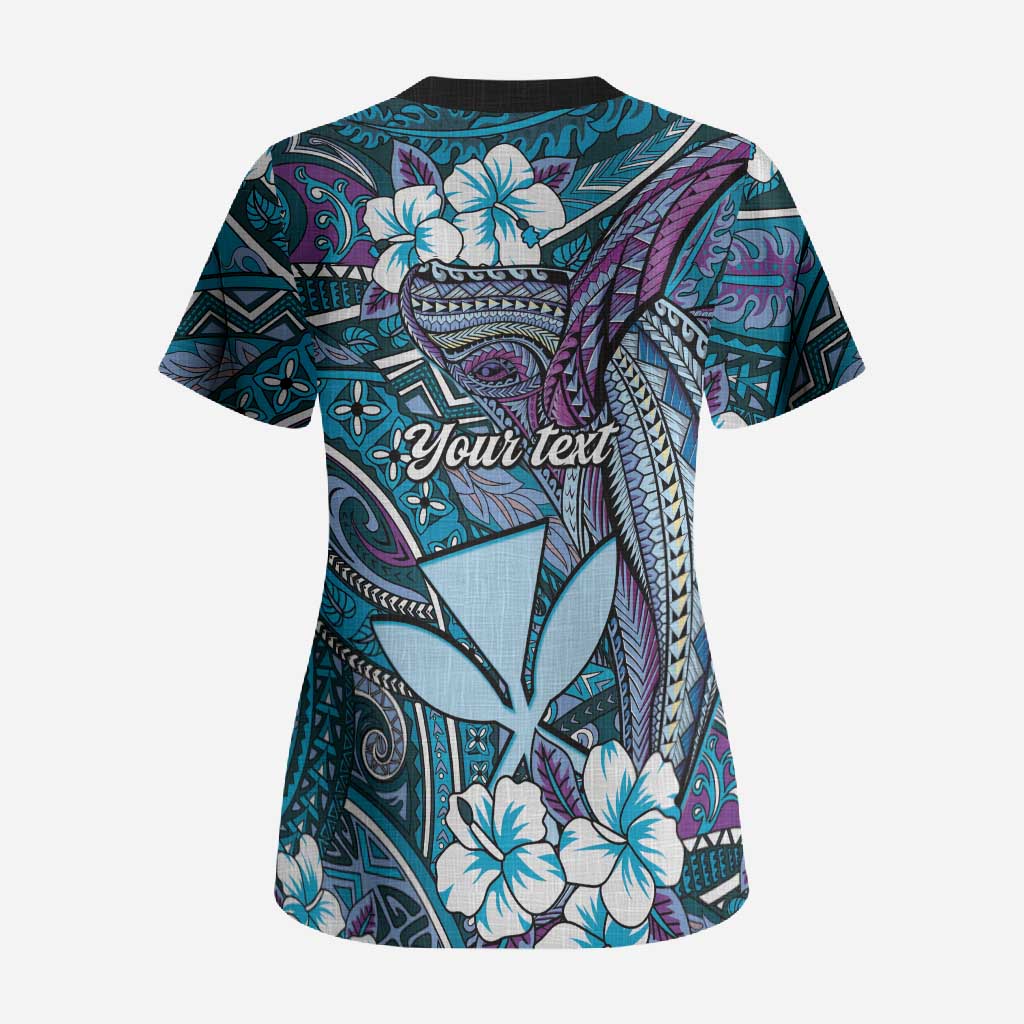 Personalised Hawaii Tribal Humpback Whale Scrub Top Polu Hibiscus Seamless Pattern