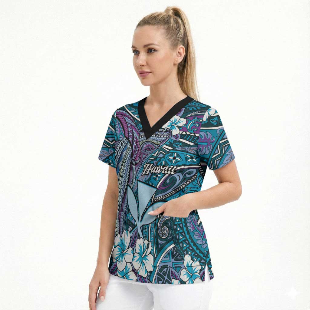 Personalised Hawaii Tribal Humpback Whale Scrub Top Polu Hibiscus Seamless Pattern