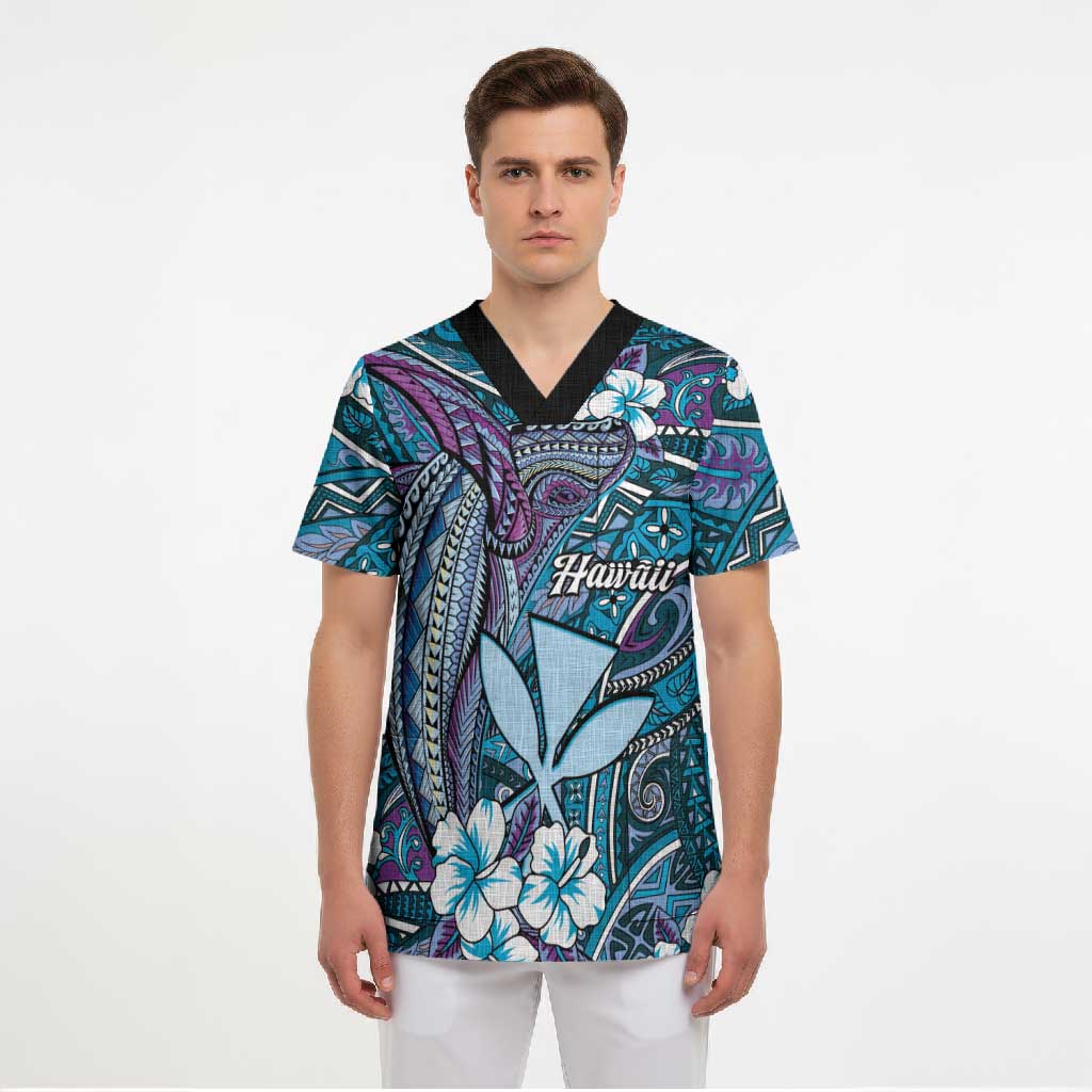 Personalised Hawaii Tribal Humpback Whale Scrub Top Polu Hibiscus Seamless Pattern