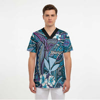 Personalised Hawaii Tribal Humpback Whale Scrub Top Polu Hibiscus Seamless Pattern