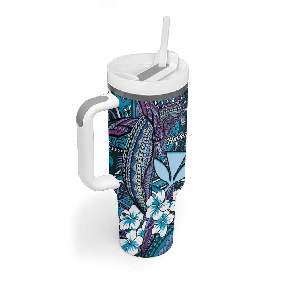 Personalised Hawaii Tribal Humpback Whale Tumbler With Handle Polu Hibiscus Seamless Pattern LT9 - Polynesian Pride