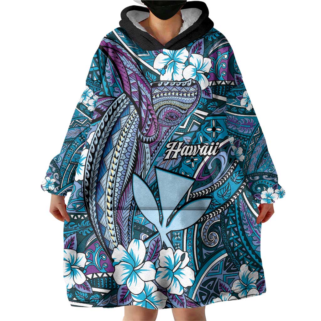 Personalised Hawaii Tribal Humpback Whale Wearable Blanket Hoodie Polu Hibiscus Seamless Pattern