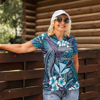 Personalised Hawaii Tribal Humpback Whale Women Polo Shirt Polu Hibiscus Seamless Pattern