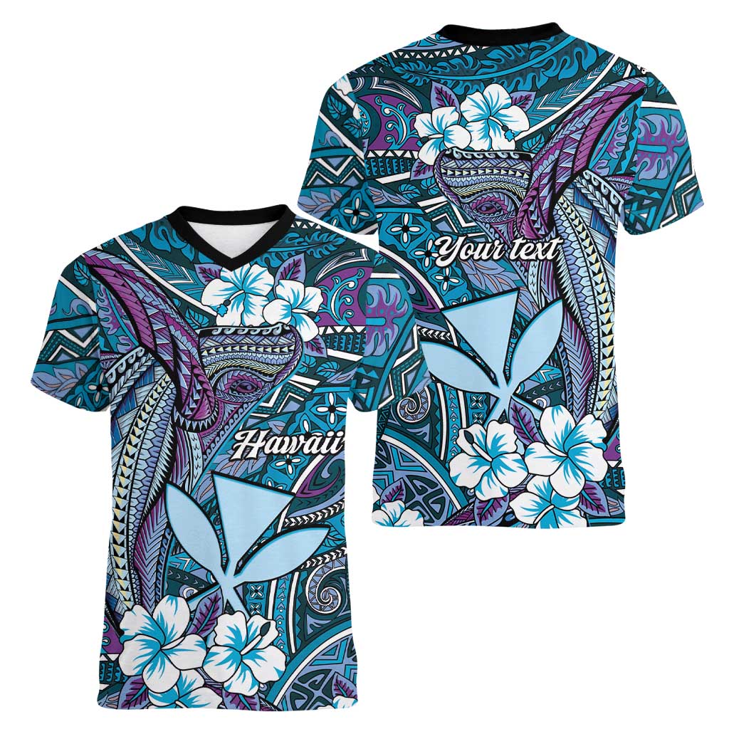 Personalised Hawaii Tribal Humpback Whale Women V-Neck T-Shirt Polu Hibiscus Seamless Pattern