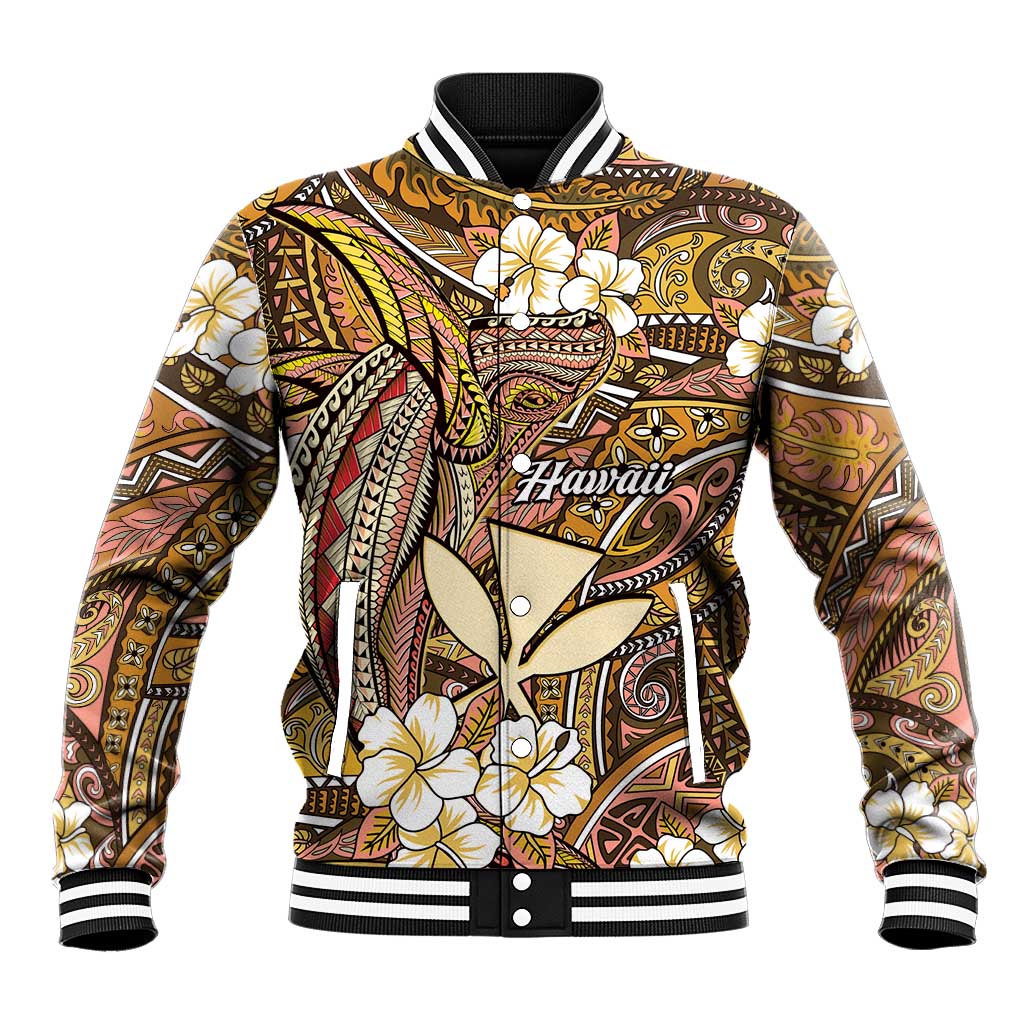 Personalised Hawaii Tribal Humpback Whale Baseball Jacket Melemele Hibiscus Seamless Pattern