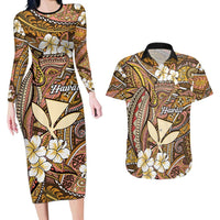 Personalised Hawaii Tribal Humpback Whale Couples Matching Long Sleeve Bodycon Dress and Hawaiian Shirt Melemele Hibiscus Seamless Pattern LT9 Gold - Polynesian Pride