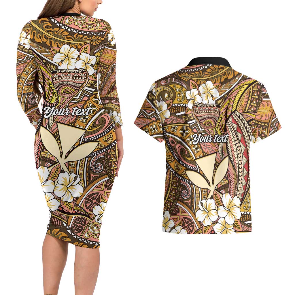Personalised Hawaii Tribal Humpback Whale Couples Matching Long Sleeve Bodycon Dress and Hawaiian Shirt Melemele Hibiscus Seamless Pattern LT9 - Polynesian Pride