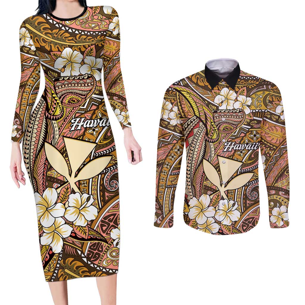 Personalised Hawaii Tribal Humpback Whale Couples Matching Long Sleeve Bodycon Dress and Long Sleeve Button Shirt Melemele Hibiscus Seamless Pattern LT9 Gold - Polynesian Pride