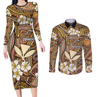 Personalised Hawaii Tribal Humpback Whale Couples Matching Long Sleeve Bodycon Dress and Long Sleeve Button Shirt Melemele Hibiscus Seamless Pattern LT9 Gold - Polynesian Pride