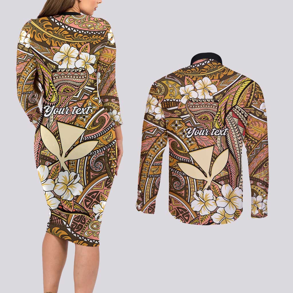 Personalised Hawaii Tribal Humpback Whale Couples Matching Long Sleeve Bodycon Dress and Long Sleeve Button Shirt Melemele Hibiscus Seamless Pattern LT9 - Polynesian Pride
