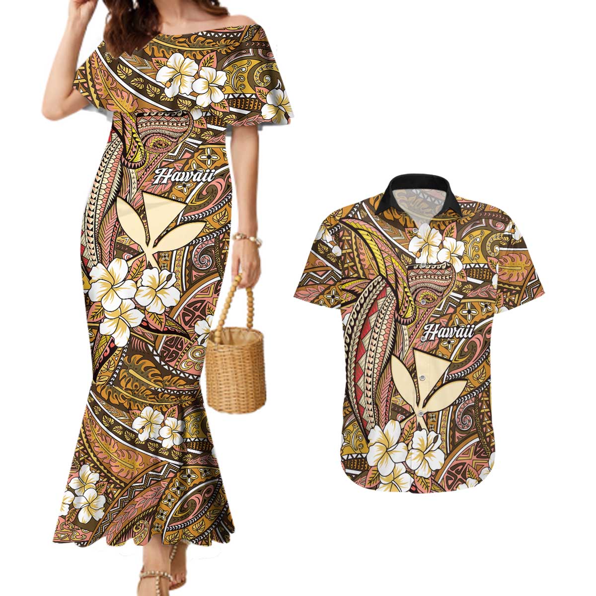 Personalised Hawaii Tribal Humpback Whale Couples Matching Mermaid Dress and Hawaiian Shirt Melemele Hibiscus Seamless Pattern LT9 Gold - Polynesian Pride