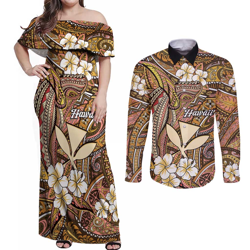Personalised Hawaii Tribal Humpback Whale Couples Matching Off Shoulder Maxi Dress and Long Sleeve Button Shirt Melemele Hibiscus Seamless Pattern LT9 Gold - Polynesian Pride