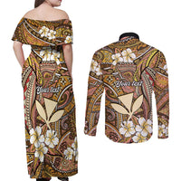 Personalised Hawaii Tribal Humpback Whale Couples Matching Off Shoulder Maxi Dress and Long Sleeve Button Shirt Melemele Hibiscus Seamless Pattern LT9 - Polynesian Pride