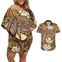Personalised Hawaii Tribal Humpback Whale Couples Matching Off Shoulder Short Dress and Hawaiian Shirt Melemele Hibiscus Seamless Pattern LT9 Gold - Polynesian Pride