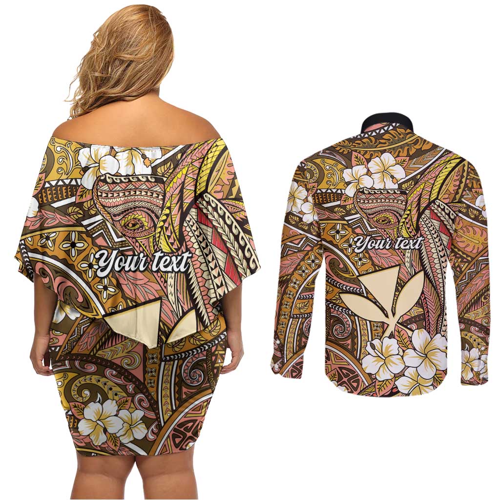 Personalised Hawaii Tribal Humpback Whale Couples Matching Off Shoulder Short Dress and Long Sleeve Button Shirt Melemele Hibiscus Seamless Pattern LT9 - Polynesian Pride