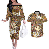 Personalised Hawaii Tribal Humpback Whale Couples Matching Off The Shoulder Long Sleeve Dress and Hawaiian Shirt Melemele Hibiscus Seamless Pattern LT9 Gold - Polynesian Pride