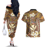 Personalised Hawaii Tribal Humpback Whale Couples Matching Off The Shoulder Long Sleeve Dress and Hawaiian Shirt Melemele Hibiscus Seamless Pattern LT9 - Polynesian Pride