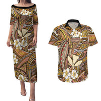 Personalised Hawaii Tribal Humpback Whale Couples Matching Puletasi and Hawaiian Shirt Melemele Hibiscus Seamless Pattern LT9 Gold - Polynesian Pride