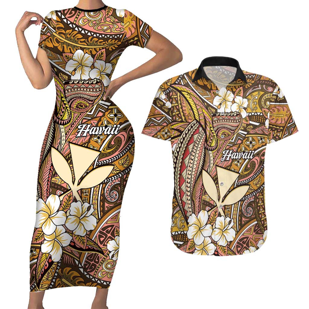 Personalised Hawaii Tribal Humpback Whale Couples Matching Short Sleeve Bodycon Dress and Hawaiian Shirt Melemele Hibiscus Seamless Pattern LT9 Gold - Polynesian Pride