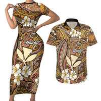 Personalised Hawaii Tribal Humpback Whale Couples Matching Short Sleeve Bodycon Dress and Hawaiian Shirt Melemele Hibiscus Seamless Pattern LT9 Gold - Polynesian Pride