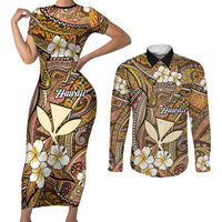 Personalised Hawaii Tribal Humpback Whale Couples Matching Short Sleeve Bodycon Dress and Long Sleeve Button Shirt Melemele Hibiscus Seamless Pattern LT9 Gold - Polynesian Pride
