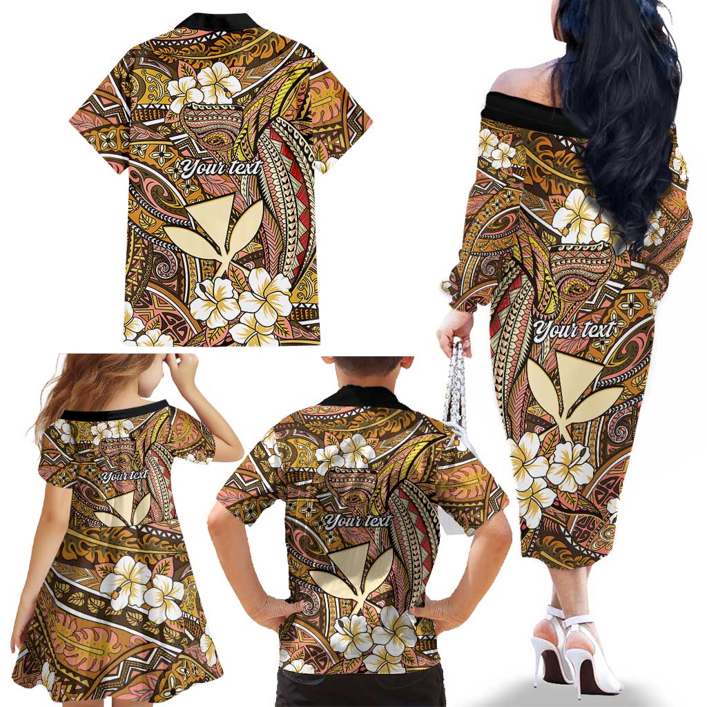 Personalised Hawaii Tribal Humpback Whale Family Matching Off The Shoulder Long Sleeve Dress and Hawaiian Shirt Melemele Hibiscus Seamless Pattern