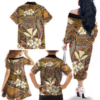 Personalised Hawaii Tribal Humpback Whale Family Matching Off The Shoulder Long Sleeve Dress and Hawaiian Shirt Melemele Hibiscus Seamless Pattern