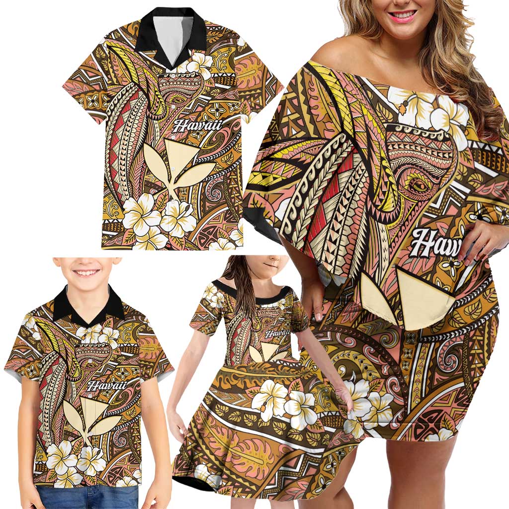 Personalised Hawaii Tribal Humpback Whale Family Matching Off Shoulder Short Dress and Hawaiian Shirt Melemele Hibiscus Seamless Pattern
