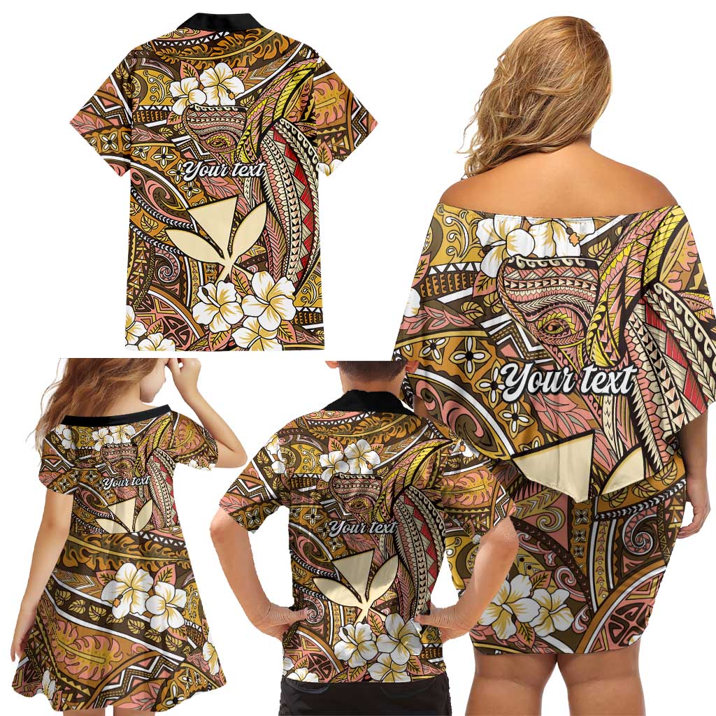 Personalised Hawaii Tribal Humpback Whale Family Matching Off Shoulder Short Dress and Hawaiian Shirt Melemele Hibiscus Seamless Pattern