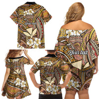 Personalised Hawaii Tribal Humpback Whale Family Matching Off Shoulder Short Dress and Hawaiian Shirt Melemele Hibiscus Seamless Pattern