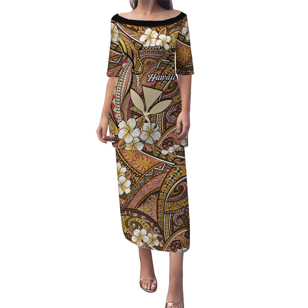 Personalised Hawaii Tribal Humpback Whale Family Matching Puletasi and Hawaiian Shirt Melemele Hibiscus Seamless Pattern LT9 Mom's Dress Gold - Polynesian Pride