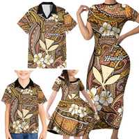 Personalised Hawaii Tribal Humpback Whale Family Matching Short Sleeve Bodycon Dress and Hawaiian Shirt Melemele Hibiscus Seamless Pattern