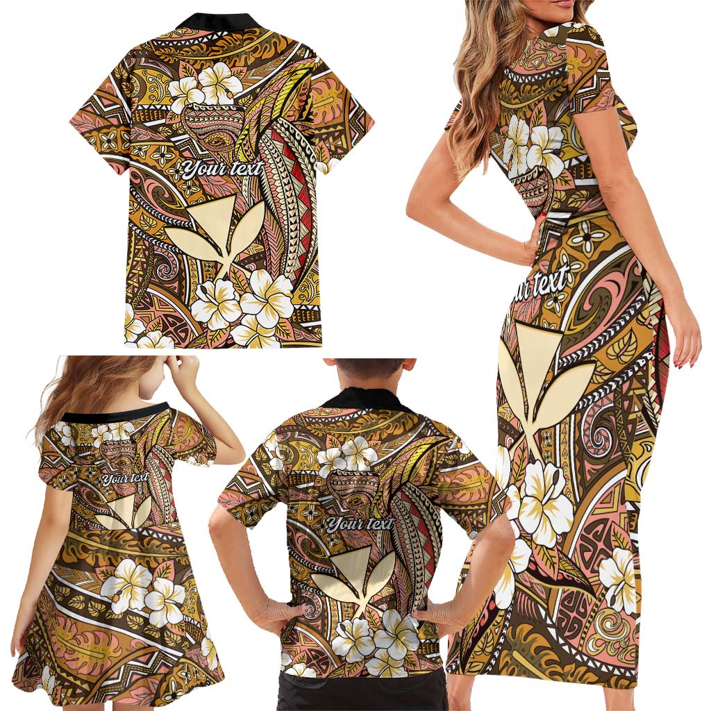 Personalised Hawaii Tribal Humpback Whale Family Matching Short Sleeve Bodycon Dress and Hawaiian Shirt Melemele Hibiscus Seamless Pattern