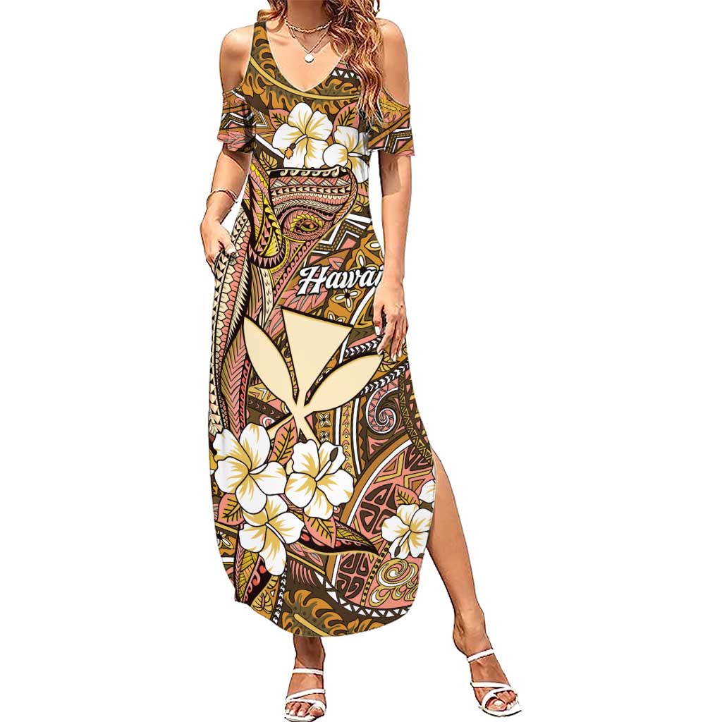 Personalised Hawaii Tribal Humpback Whale Family Matching Summer Maxi Dress and Hawaiian Shirt Melemele Hibiscus Seamless Pattern