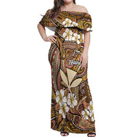 Personalised Hawaii Tribal Humpback Whale Off Shoulder Maxi Dress Melemele Hibiscus Seamless Pattern