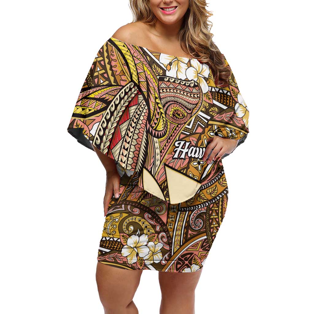 Personalised Hawaii Tribal Humpback Whale Off Shoulder Short Dress Melemele Hibiscus Seamless Pattern LT9 Women Gold - Polynesian Pride