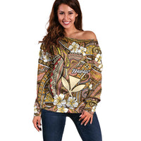 Personalised Hawaii Tribal Humpback Whale Off Shoulder Sweater Melemele Hibiscus Seamless Pattern