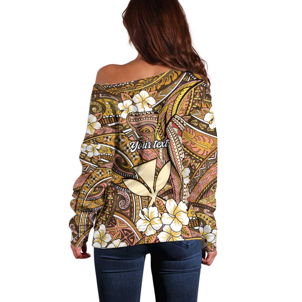 Personalised Hawaii Tribal Humpback Whale Off Shoulder Sweater Melemele Hibiscus Seamless Pattern