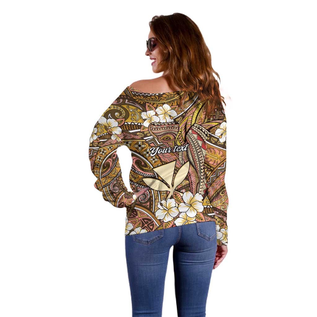Personalised Hawaii Tribal Humpback Whale Off Shoulder Sweater Melemele Hibiscus Seamless Pattern