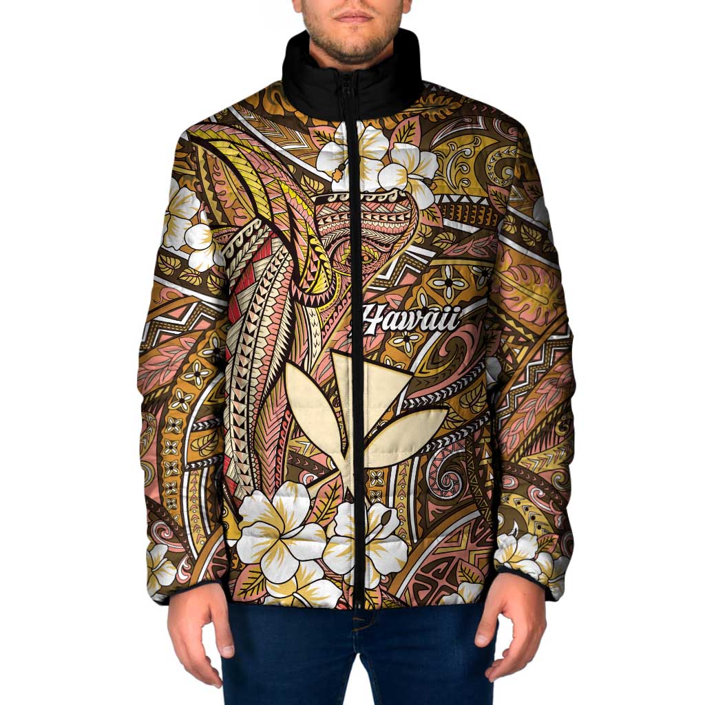 Personalised Hawaii Tribal Humpback Whale Padded Jacket Melemele Hibiscus Seamless Pattern
